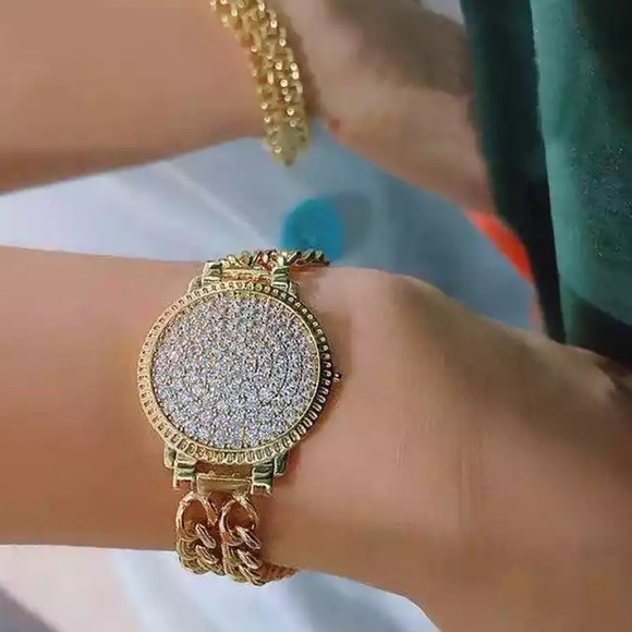 NEW 18K RHINESTONES DOUBLE WATCH CHAIN STRAP BRACELET - Picture 3 of 7